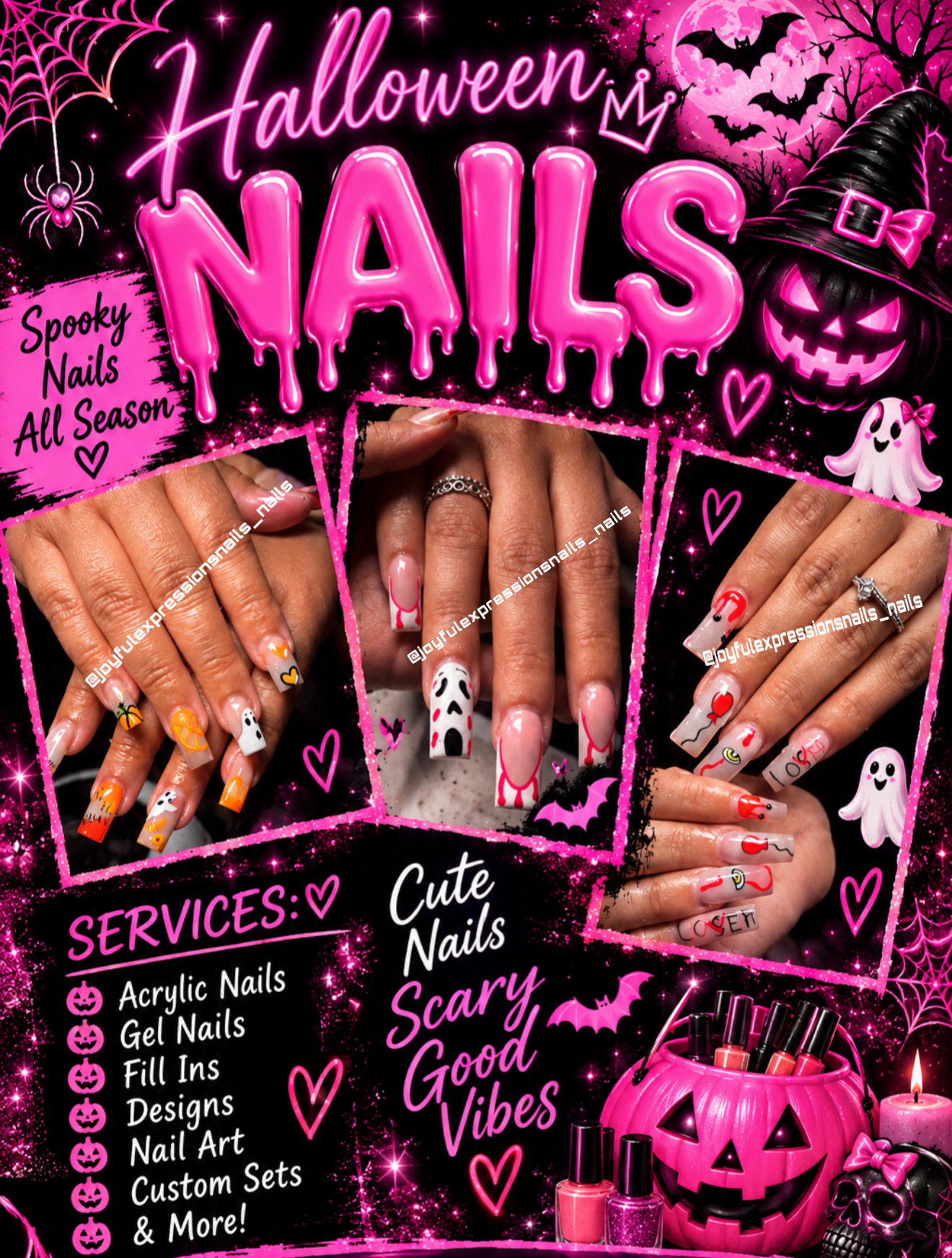 Joyful Expressions Halloween nails collage with pink and black spooky nail designs and services