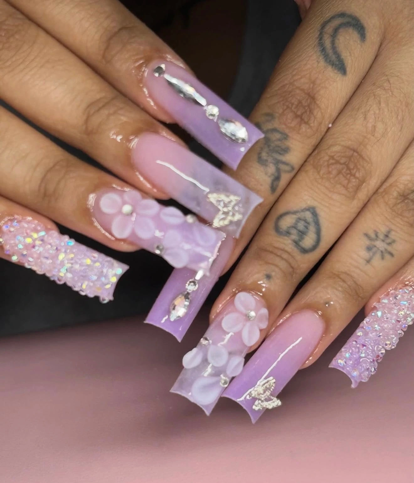 Lavender ombre nails with sculpted flowers, crystals and butterfly charms